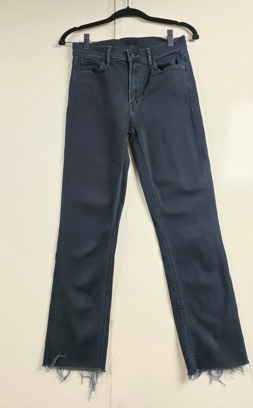 MOTHER The Mid Rise Dazzler Ankle Jeans 27 Black Raw Hem Straight Leg 0071
